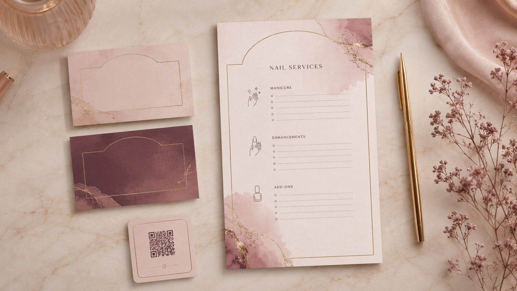 Classy Claws brand kit — menu and business cards