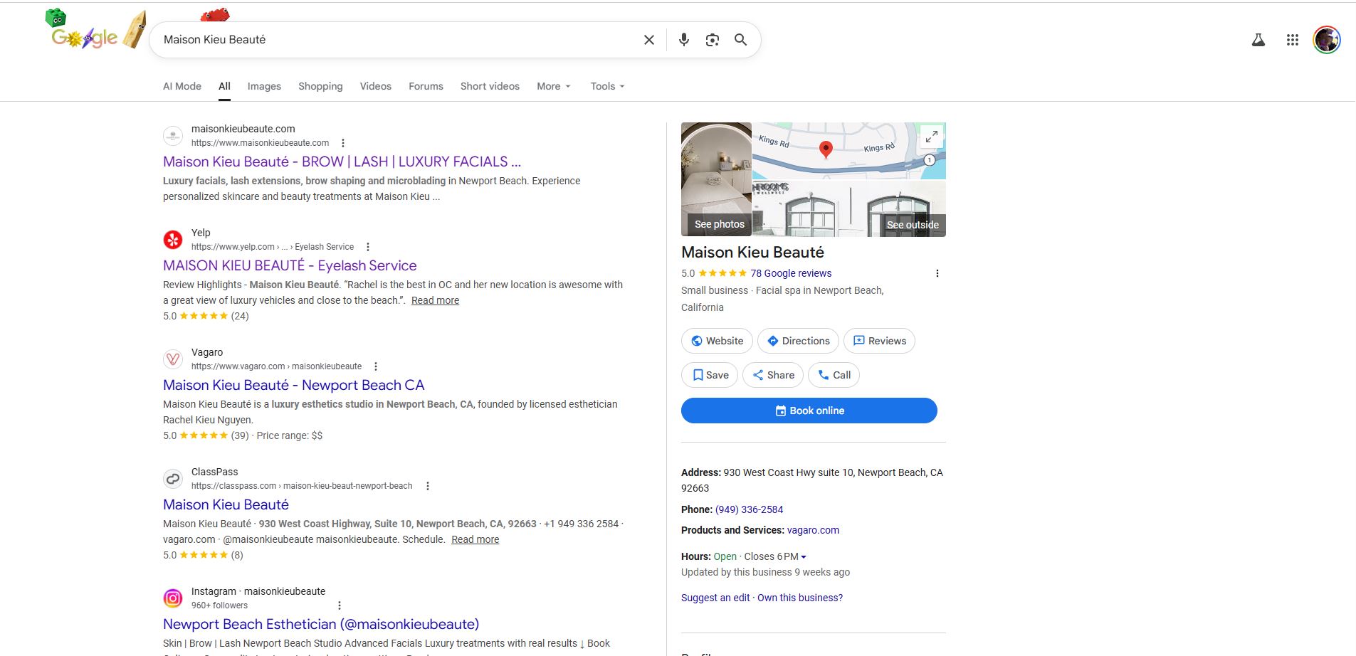 Maison Kieu Beauté Google Business Profile showing strong reviews but room to optimize