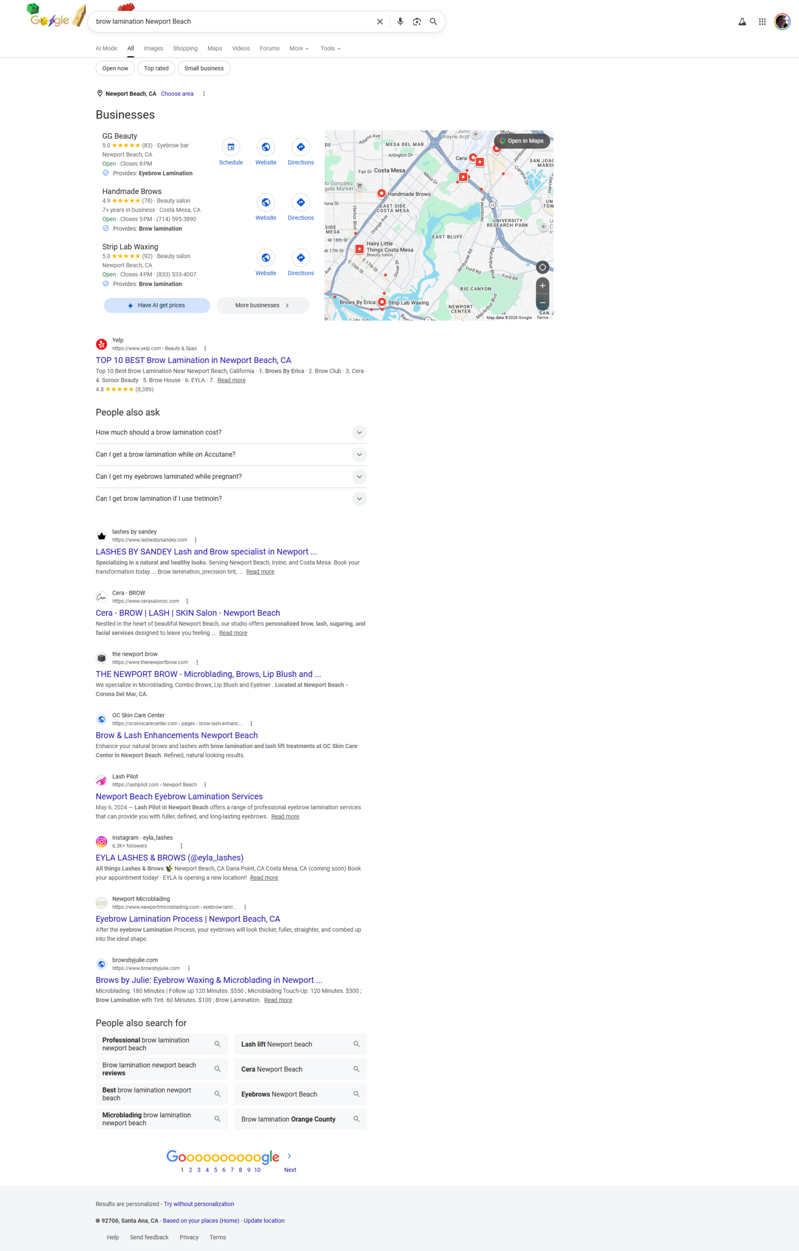 Google search results for a Newport Beach beauty service, with competitors filling the page and Maison Kieu Beauté absent