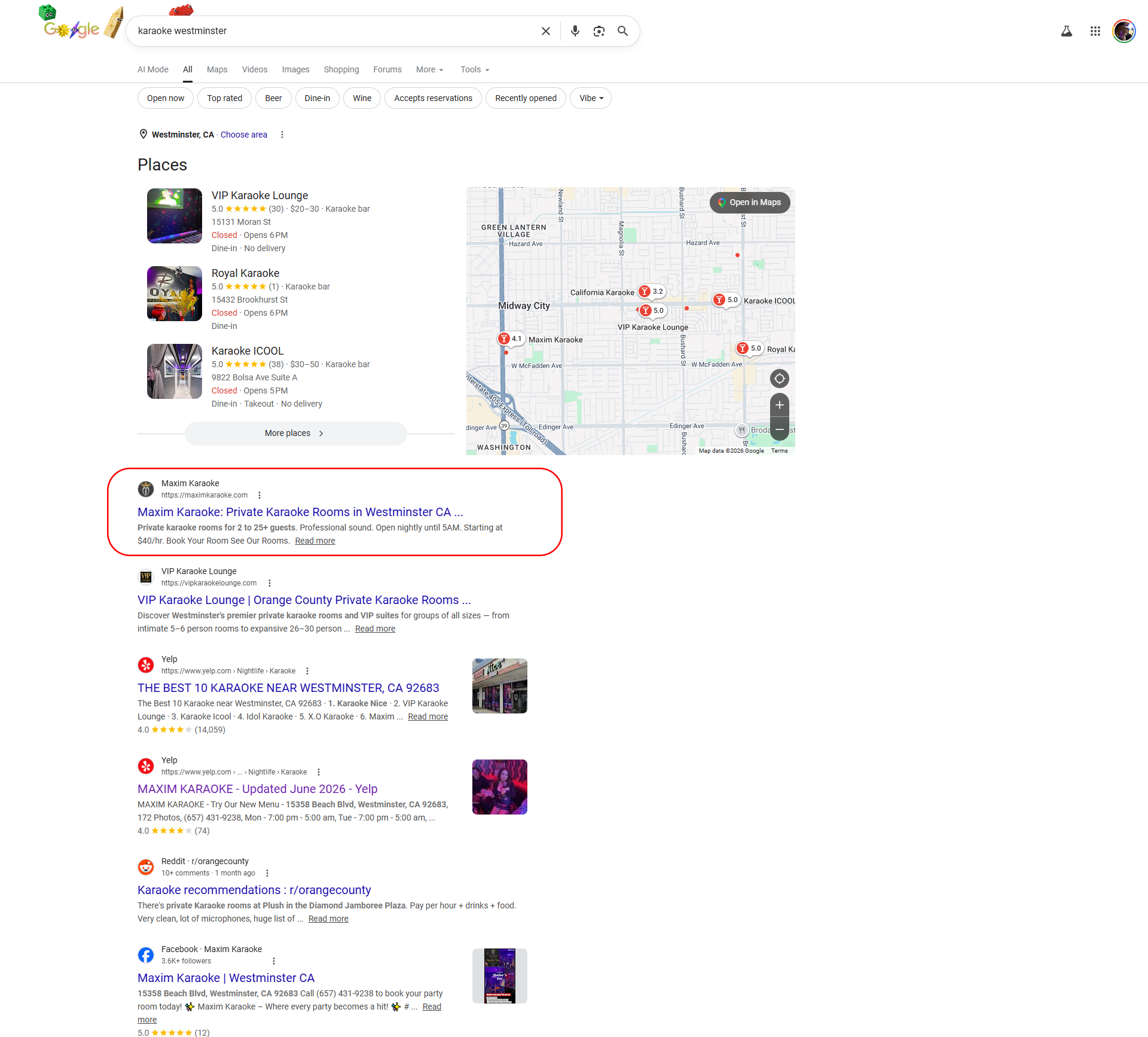 Maxim Karaoke ranking #1 on Google for karaoke near Westminster