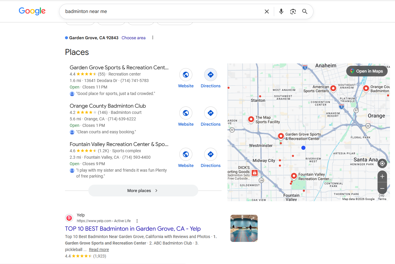 Google search badminton near me — Los Cab absent