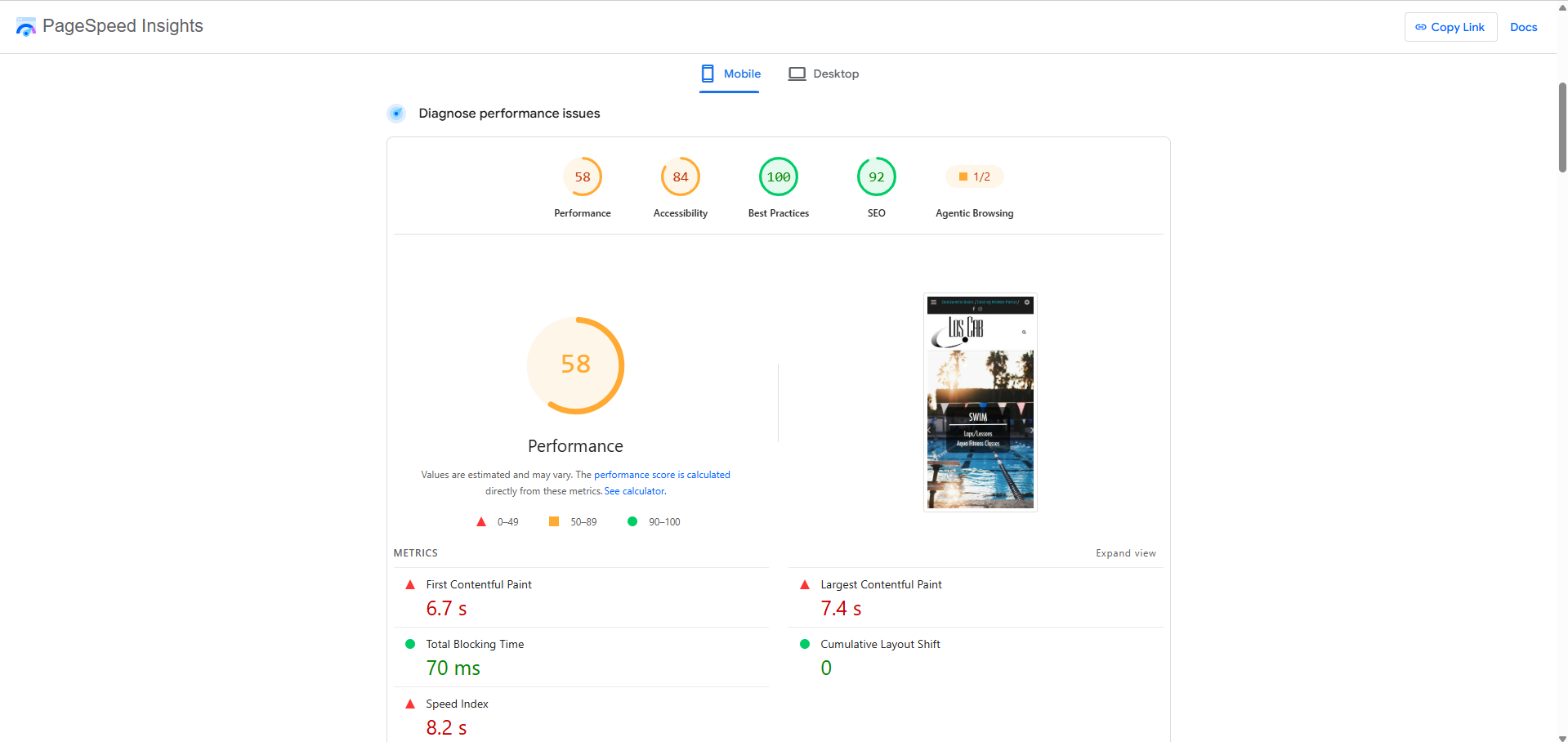 Google PageSpeed Insights mobile score for loscab.com — 28 out of 100