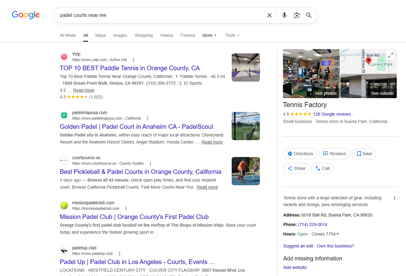 Google search padel courts near me — no Los Cab page exists