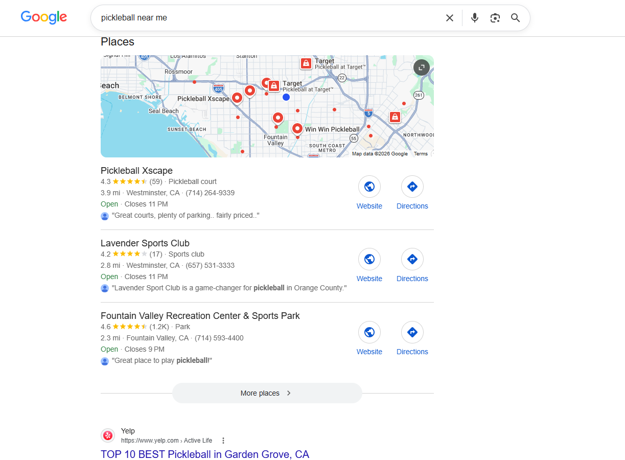 Google search pickleball near me — Los Cab underselling at 22 courts