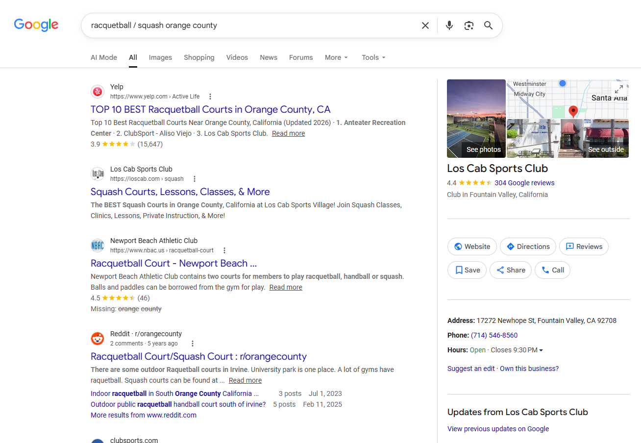 Google search racquetball squash orange county — Los Cab ranks #2 with GBP panel
