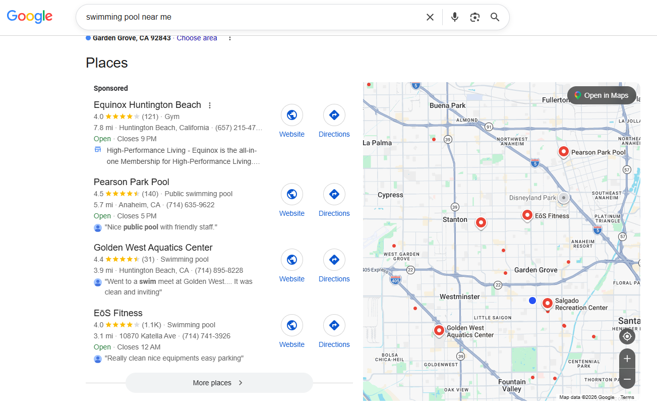 Google search swimming pool near me — Los Cab absent