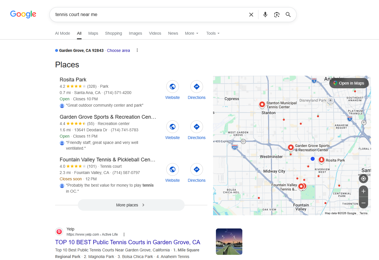 Google search tennis court near me — Los Cab absent from map pack